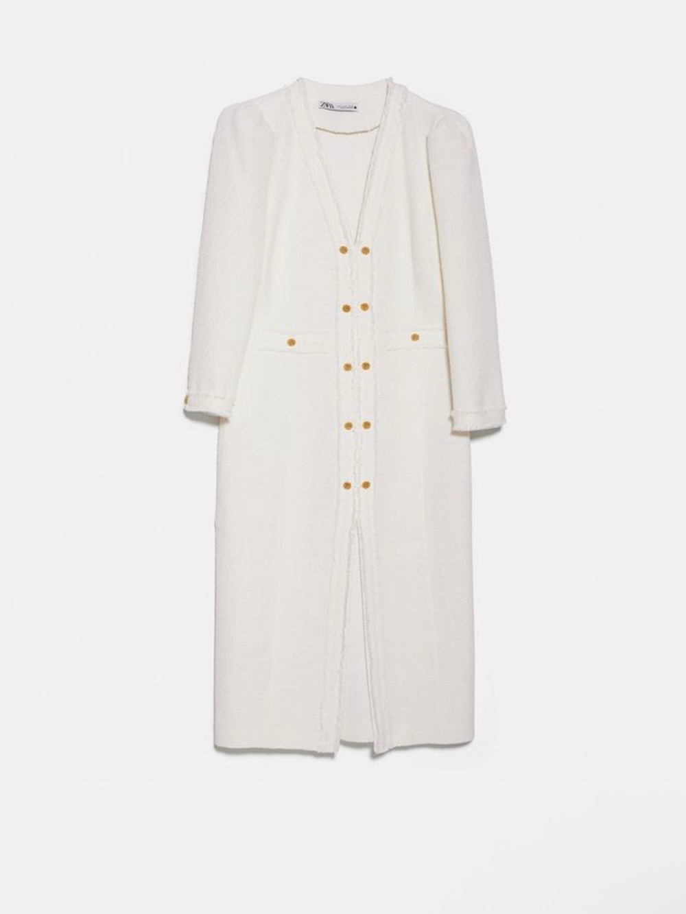 Zara Cream Textured Long Tweed Dress Coat with Gold Buttons